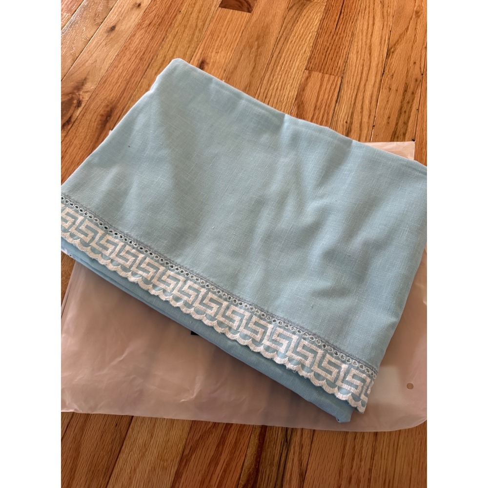 Light Blue Linen Tablecloth Greek Key Lace Border 60 x 84 Rectangular